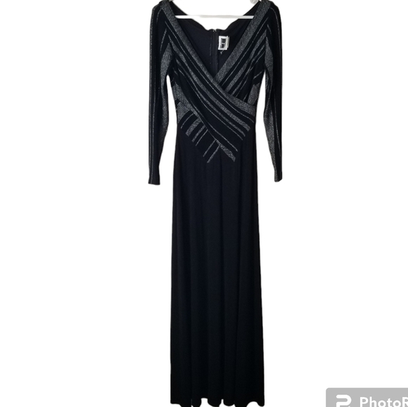 Tadashi Vintage Deep V Neck Long Sleeve Evening Gown Black & Silver Sequins M - Picture 3 of 15